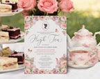 a pastel high tea invitation on an elegant tea table, leaning against a tiered stand with food, next to a teapot and cups
