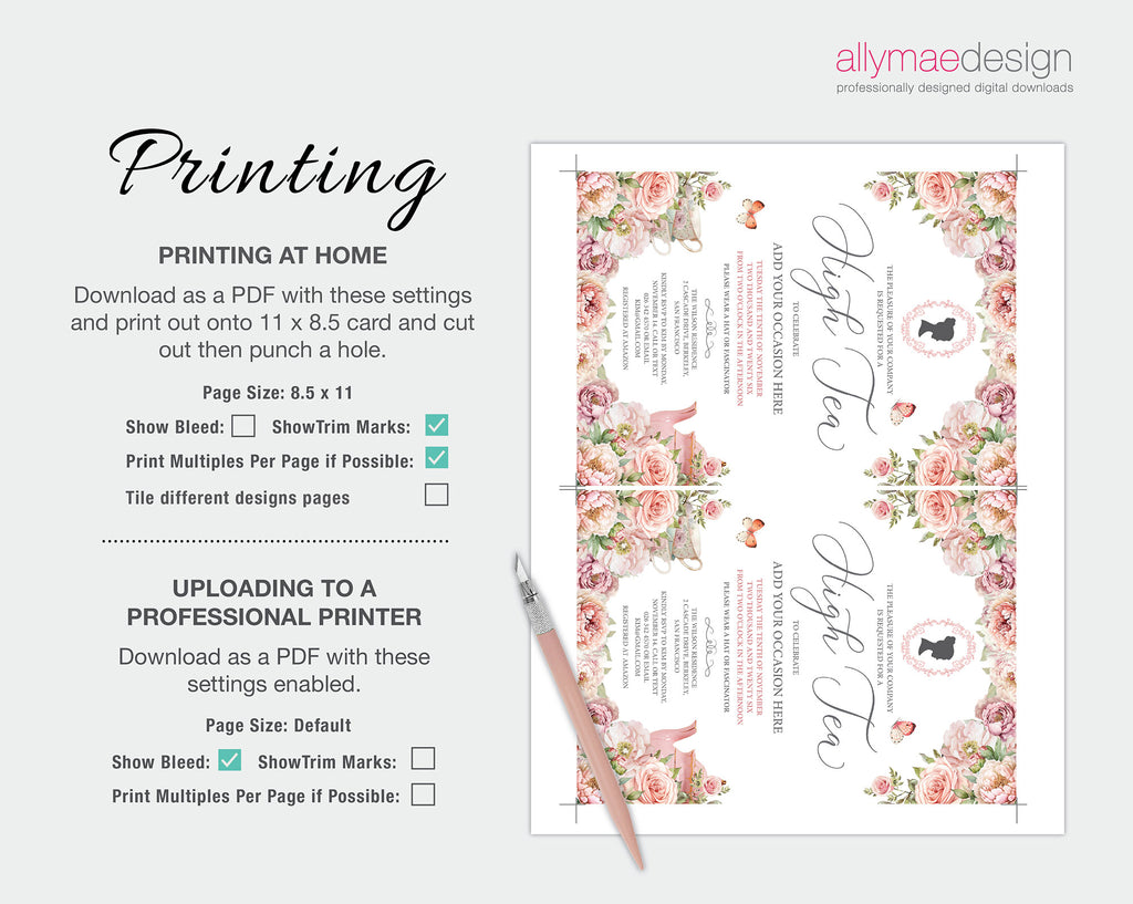 Floral design printout with instructions on printing at home and uploading to a professional printer.