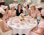 Ladies dressed in lovely dresses with hats and fascinators sitting around a pink high tea table