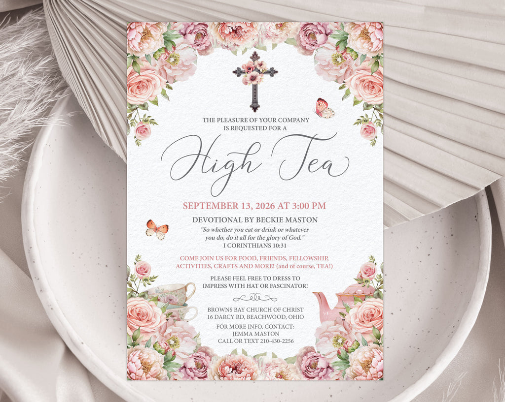 Church High tea invitation with floral design and christian cross on a white plate