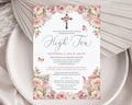 Church High tea invitation with floral design and christian cross on a white plate
