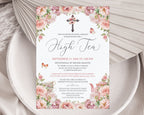 Church High tea invitation with floral design and christian cross on a white plate