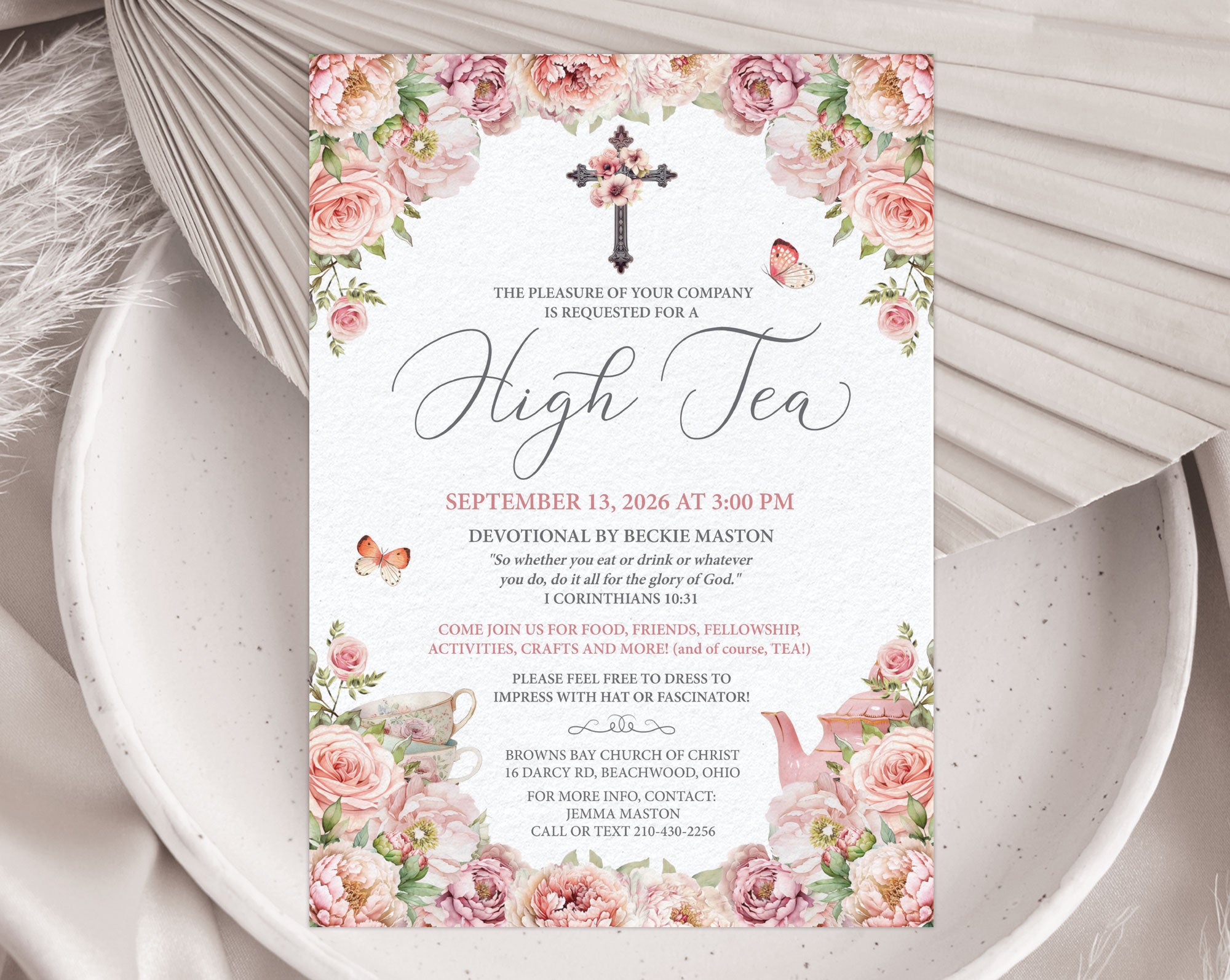 Church High tea invitation with floral design and christian cross on a white plate