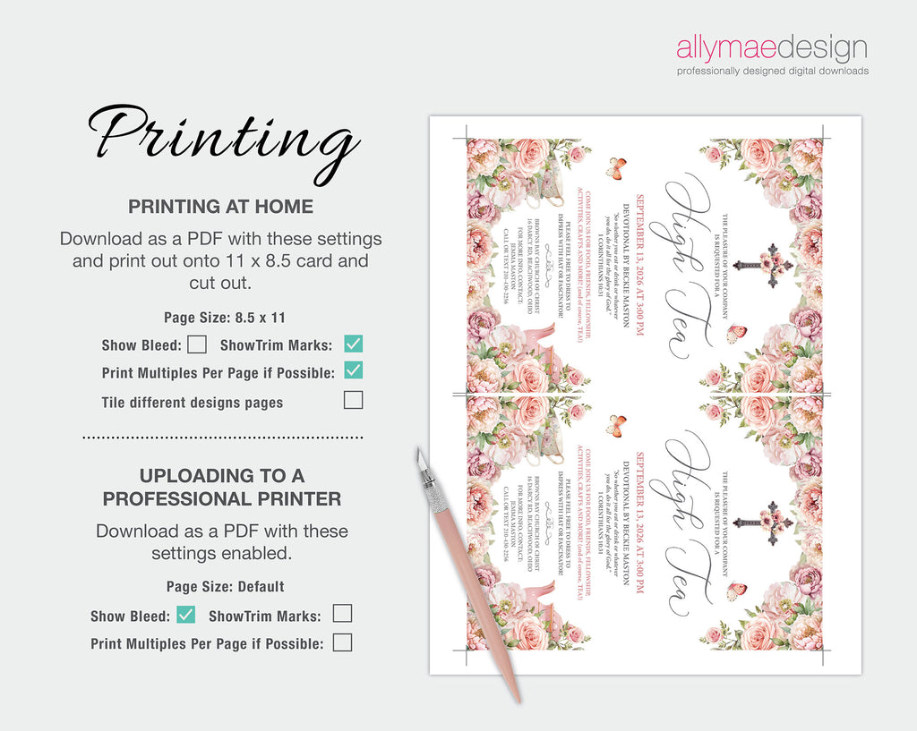 Floral high tea church invite design printout with printing instructions on a white background