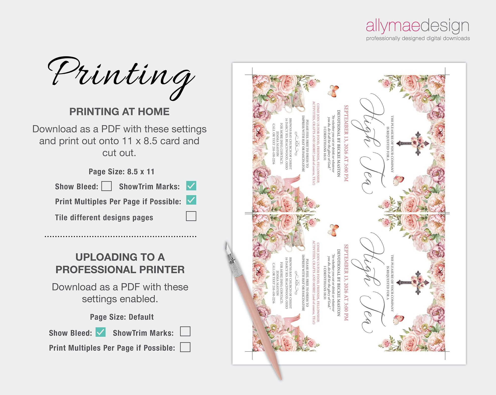 Floral high tea church invite design printout with printing instructions on a white background