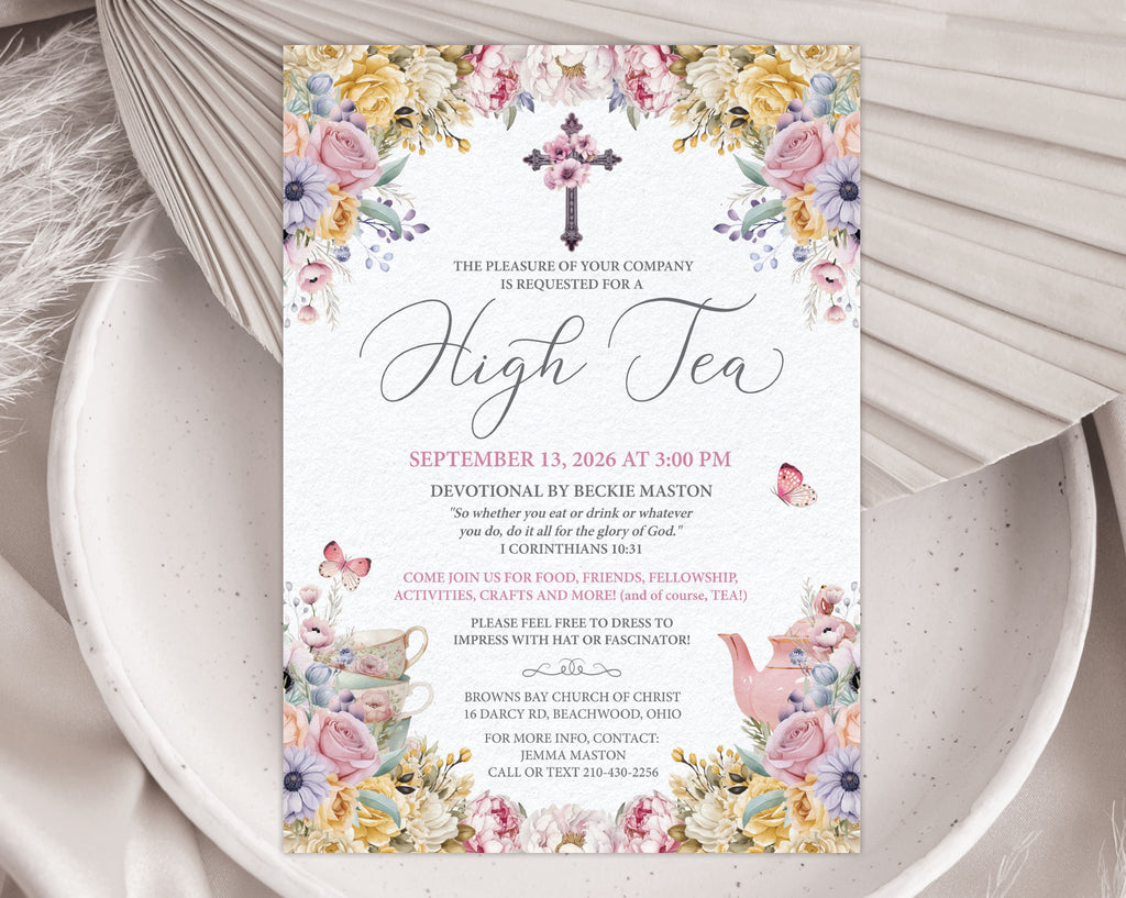 pastel flower High Tea invitation with cross, teapot and butterfly design on a white plate