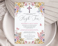 pastel flower High Tea invitation with cross, teapot and butterfly design on a white plate