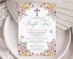 pastel flower High Tea invitation with cross, teapot and butterfly design on a white plate