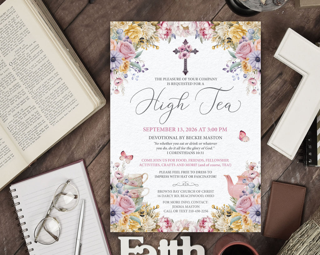 Christian High Tea invitation with a pastel floral design on a wooden table next to a bible with books and glasses.