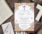 Christian High Tea invitation with a pastel floral design on a wooden table next to a bible with books and glasses.