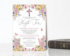 church High tea invitation with pastel  floral border, scripture and christian cross on a white background next to a bible