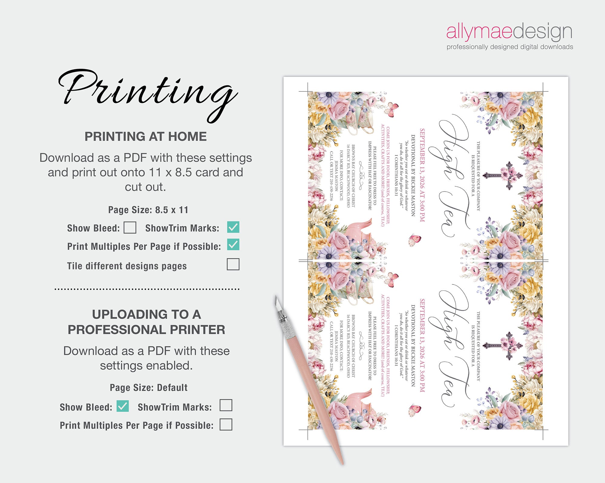 christian Floral design printout with printing instructions on a white background