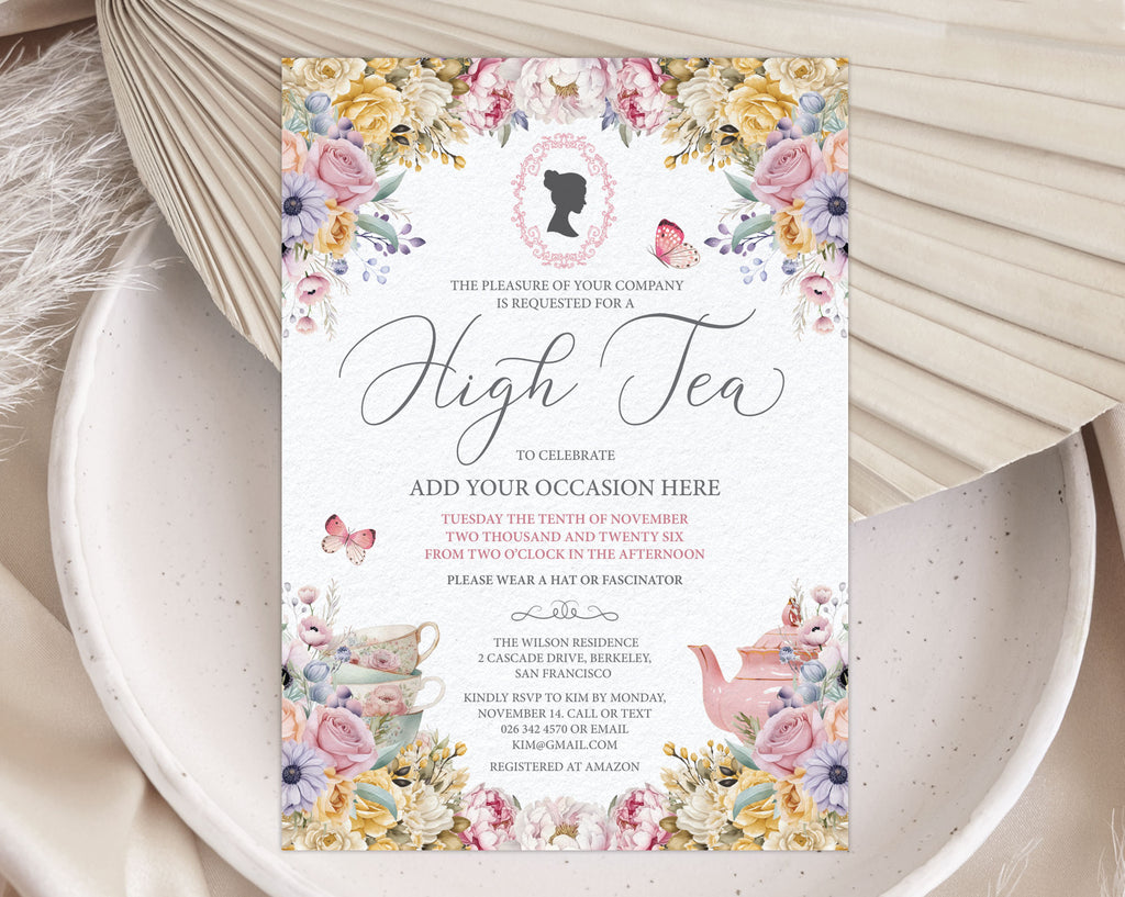 High tea invitation card with floral design on a textured surface