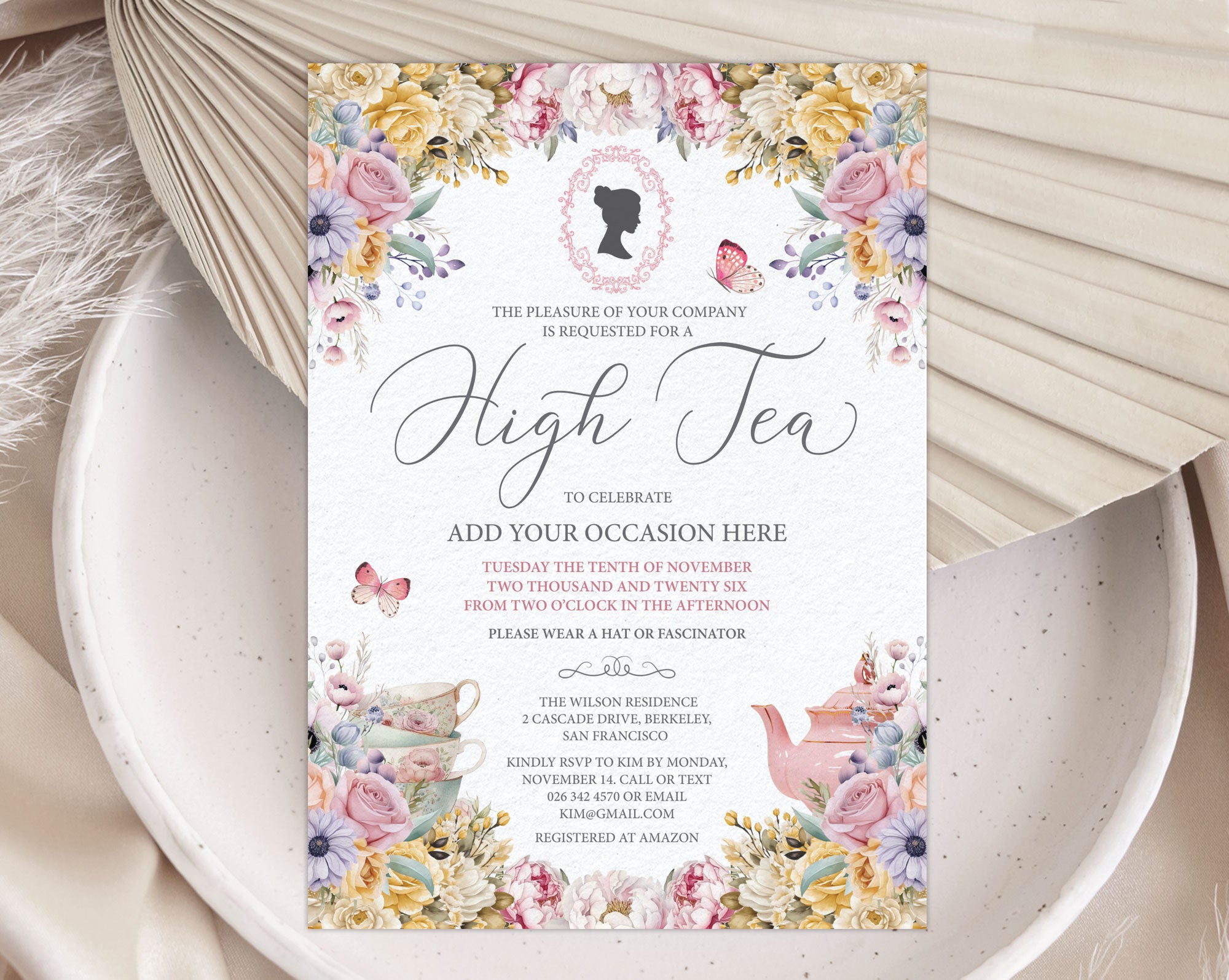 High tea invitation card with floral design on a textured surface