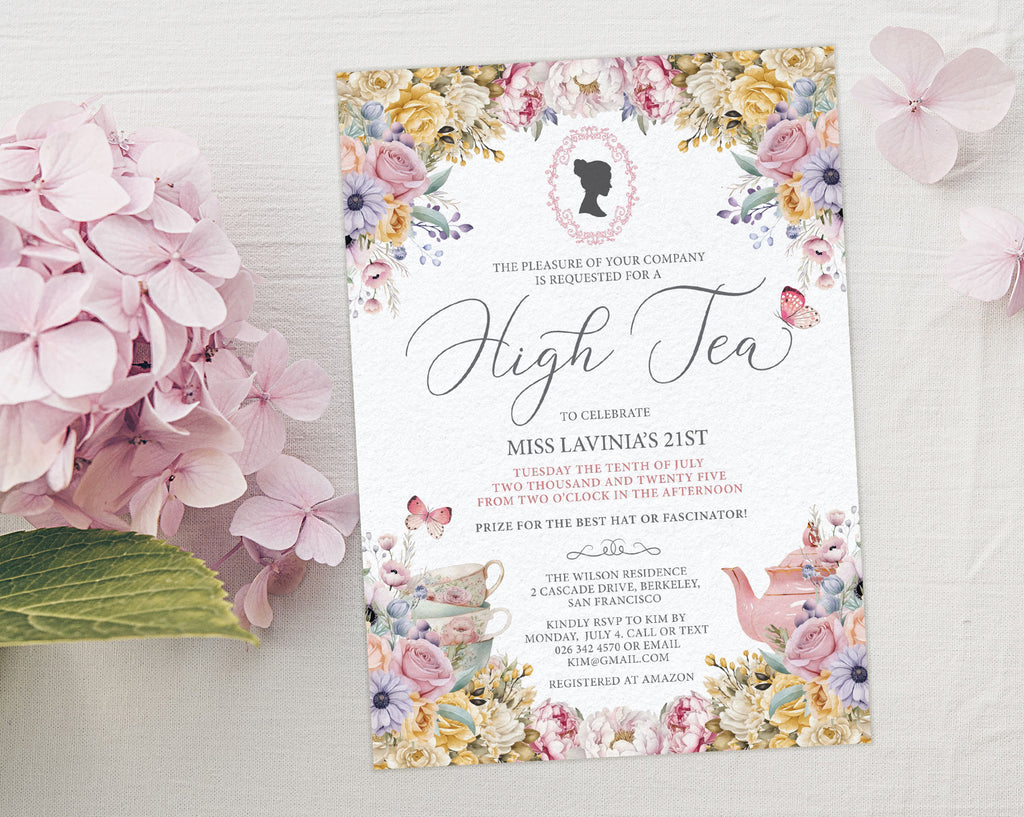 Pastel Flower High tea invitation with cameo on a white surface with pink hydrangea