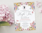 Pastel Flower High tea invitation with cameo on a white surface with pink hydrangea