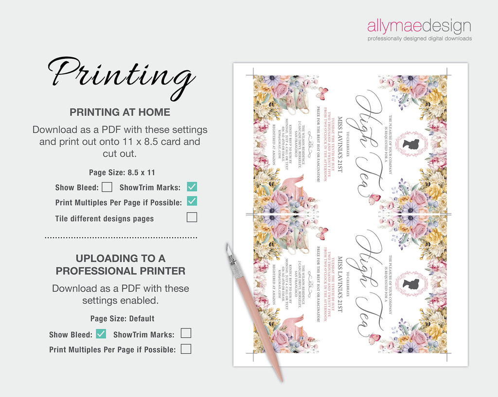 Printing instructions for the bridgerton inspired floral high tea invitation on a white background