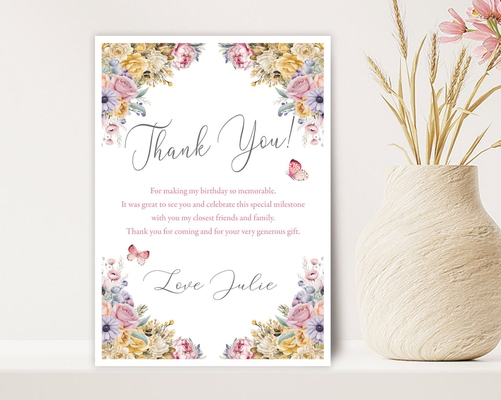 Floral-themed 'Thank You' card with a vase of flowers on a white background
