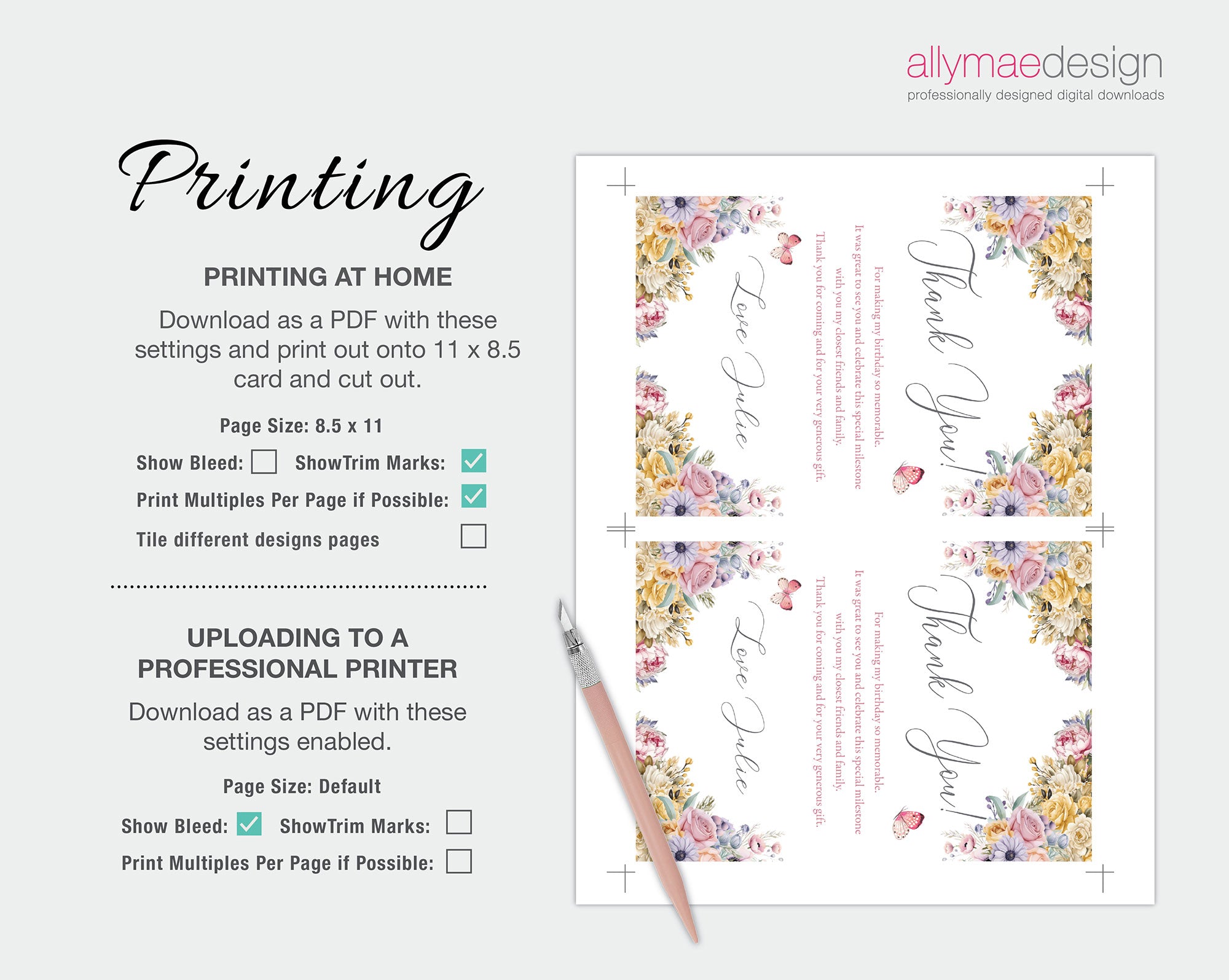 Instructions for printing floral design cards with a knife on a white background