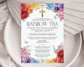 A pretty Church Rainbow Tea invitation with gold cross, teapot and tea cups, laying on a plate and dried leaf