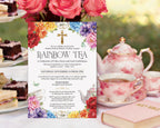 a bright styled women's ministries church rainbow tea invitation on an elegant tea table, leaning against a tiered stand with food, next to a teapot, cups and pink holy bible