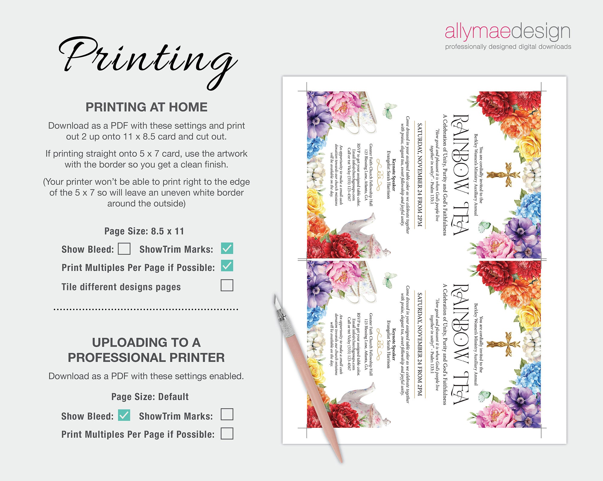 instructions on how to print out the church rainbow tea event invitation