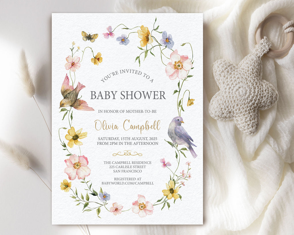 5 x 7 Baby Shower Invitation with Wildflowers and Birds