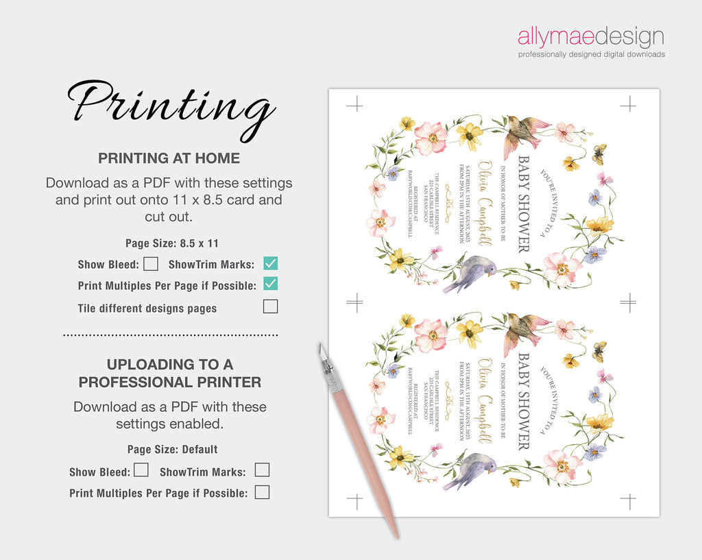 printing instructions for the wildflower border bridal shower luncheon invitation