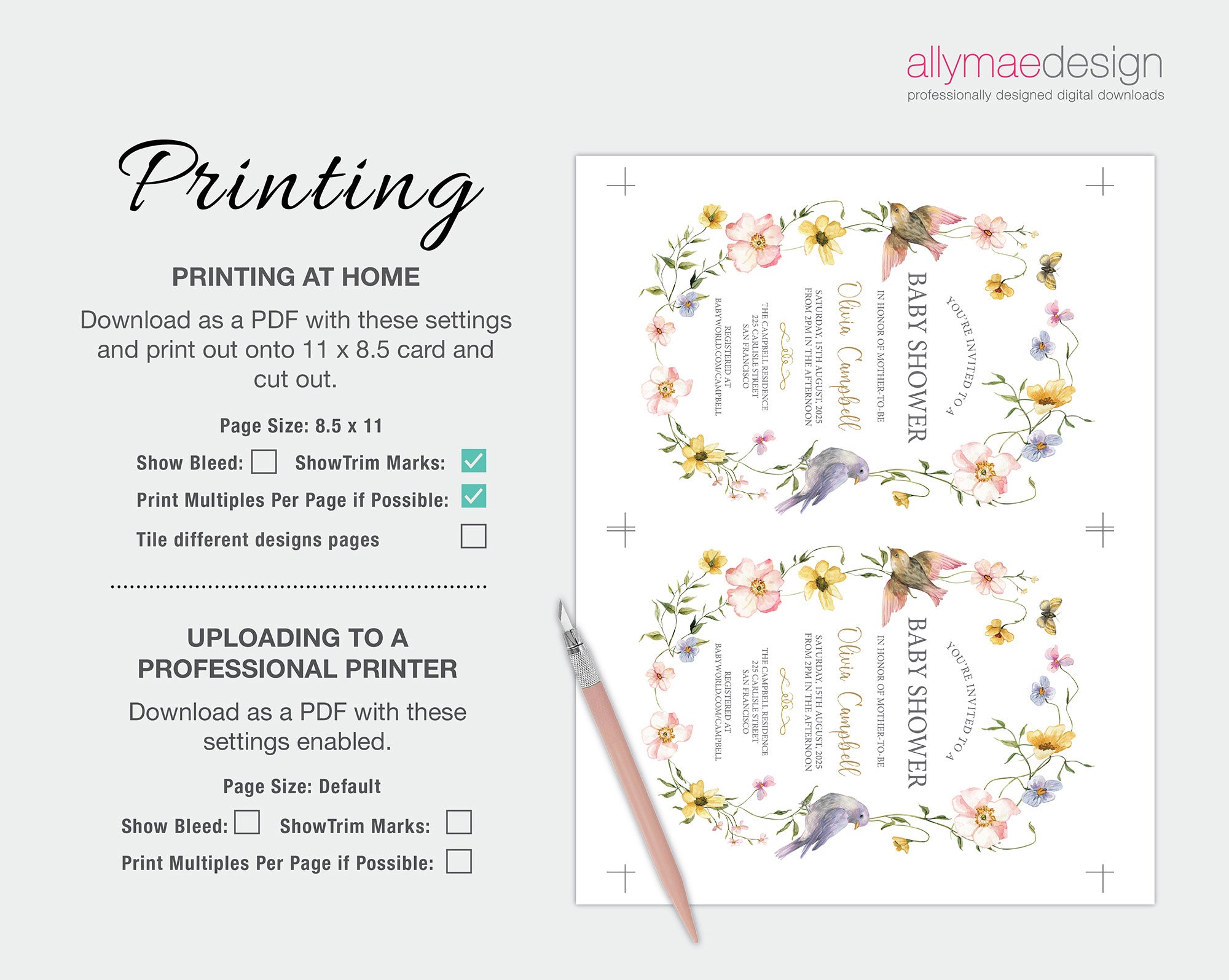 printing instructions for the wildflower border bridal shower luncheon invitation