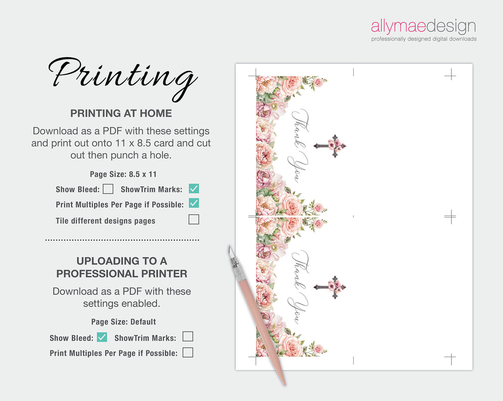 Instructions for printing a floral thank you tent card design