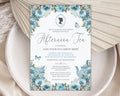 dusty blue Invitation card for an afternoon tea event with floral design, cameo and teapot on a textured surface