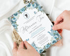 regency style blue afternoon tea Invitation card with floral design held by hands on a white background