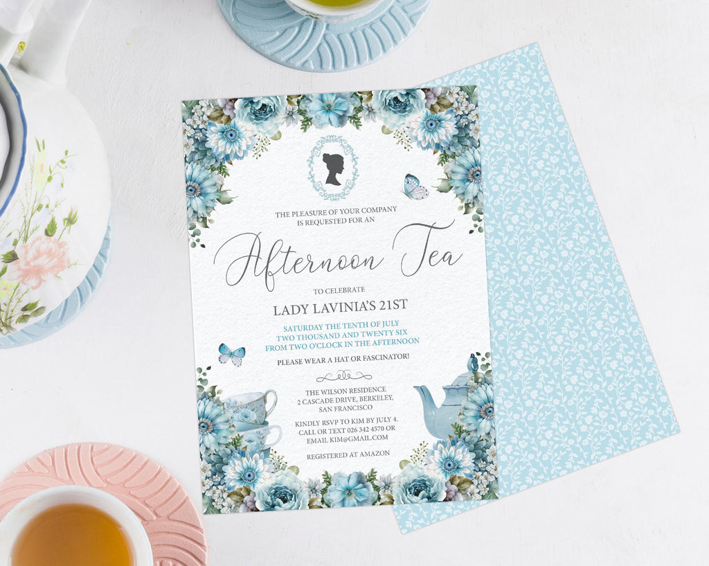 dusty blue bridgerton-inspired Invitation card for an afternoon tea event showing blue pattern back on a white surface.