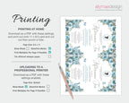 printing Instructions for the afternoon tea invitation dusty blue design with floral elements on a white background.