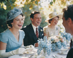 People in formal attire sitting at a table with blue floral decorations outdoors.