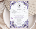 A square lavender and purple floral invitation card for an afternoon tea, styled on a white ceramic plate with dried palm leaves and a soft fabric background.