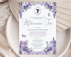 A square lavender and purple floral invitation card for an afternoon tea, styled on a white ceramic plate with dried palm leaves and a soft fabric background.