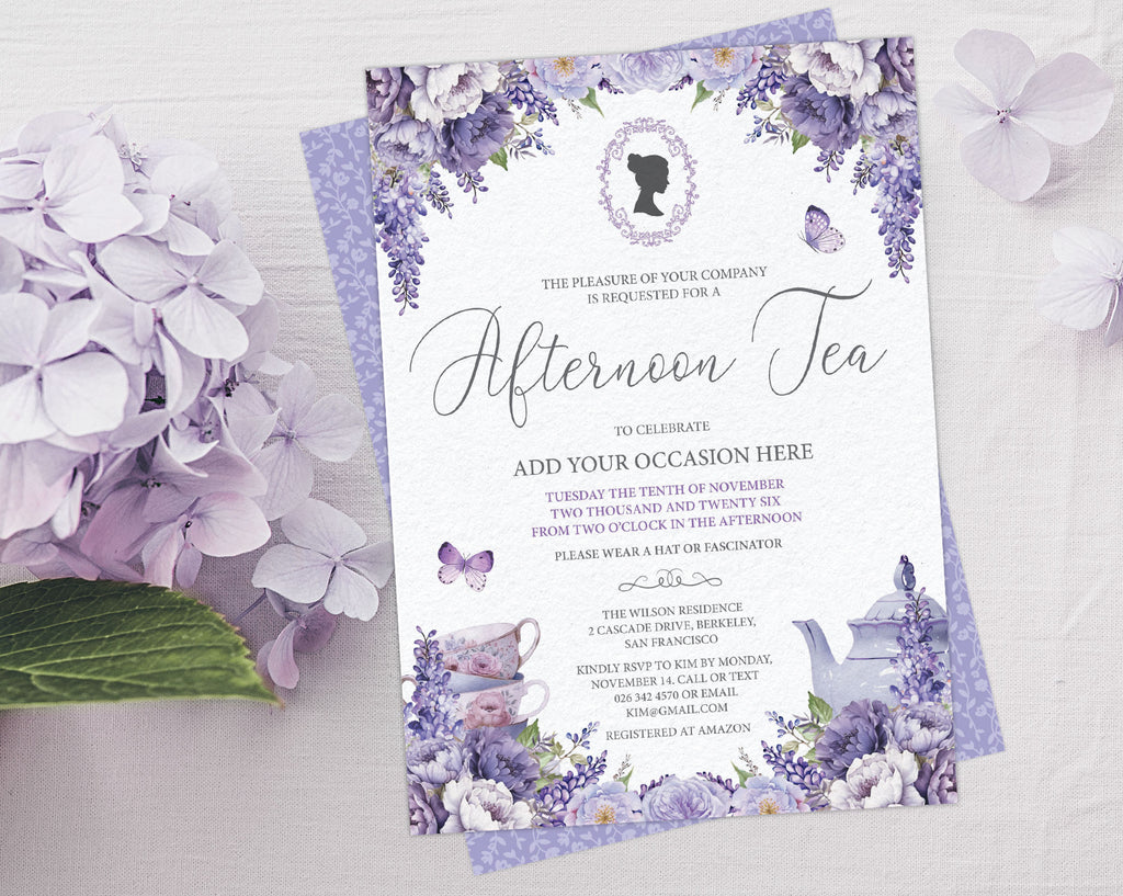 A floral afternoon tea invitation card with purple lavender and white flowers, styled on a white textured surface with matching purple hydrangea flowers.