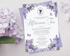 A floral afternoon tea invitation card with purple lavender and white flowers, styled on a white textured surface with matching purple hydrangea flowers.