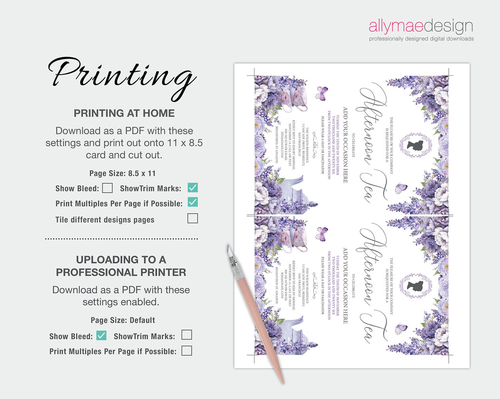 A digital printable design preview for a lavender-themed wedding invitation template, showing the front and back of the invitation layout on a light gray background with instructions on the left and the 'allymaedesign' logo in the top right.