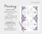 A digital printable design preview for a lavender-themed wedding invitation template, showing the front and back of the invitation layout on a light gray background with instructions on the left and the 'allymaedesign' logo in the top right.