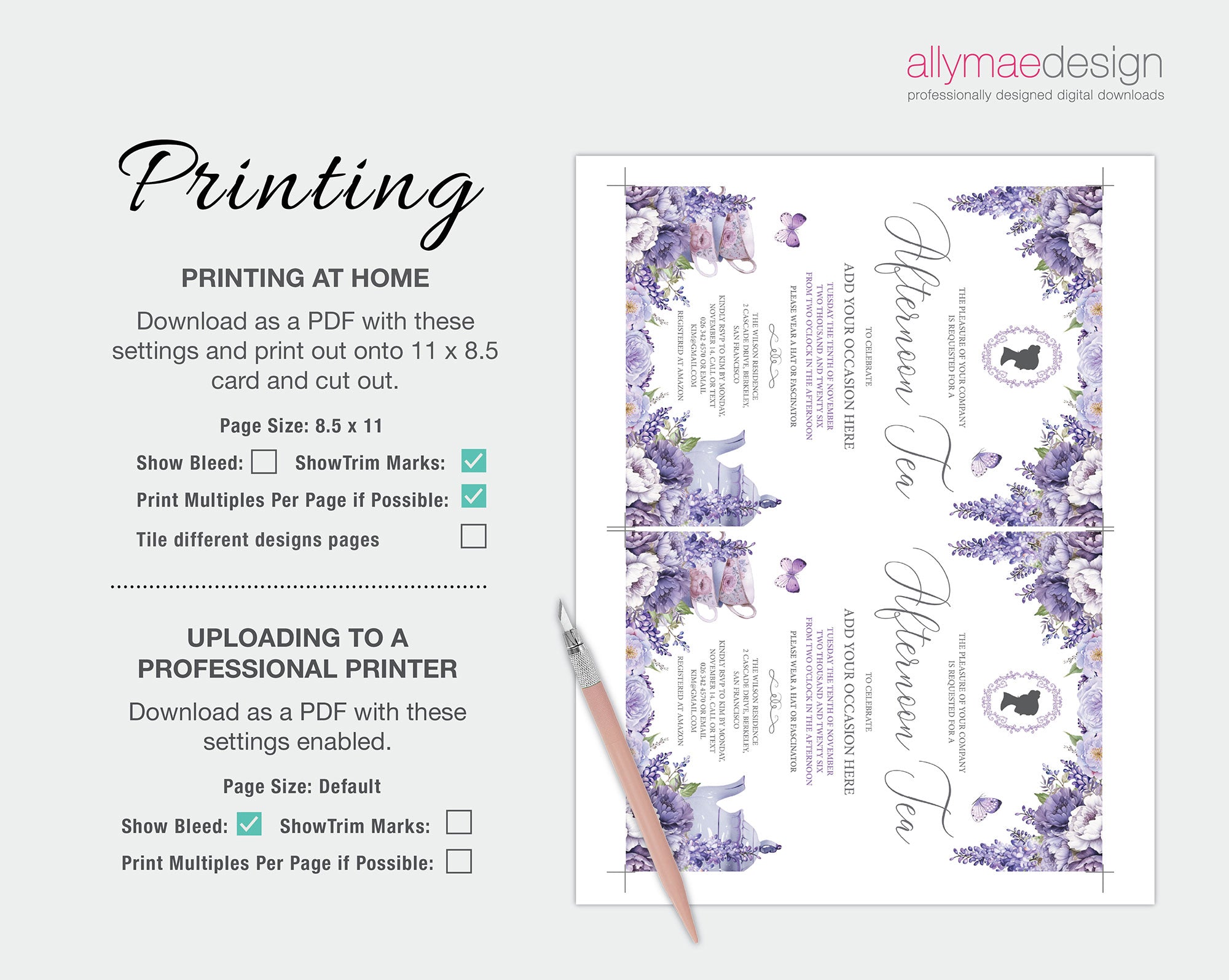 A digital printable design preview for a lavender-themed wedding invitation template, showing the front and back of the invitation layout on a light gray background with instructions on the left and the 'allymaedesign' logo in the top right.