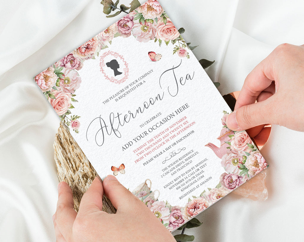 Blush pink flowers, regency cameo, teapot, Bridgerton Inspired Afternoon Tea Invitation