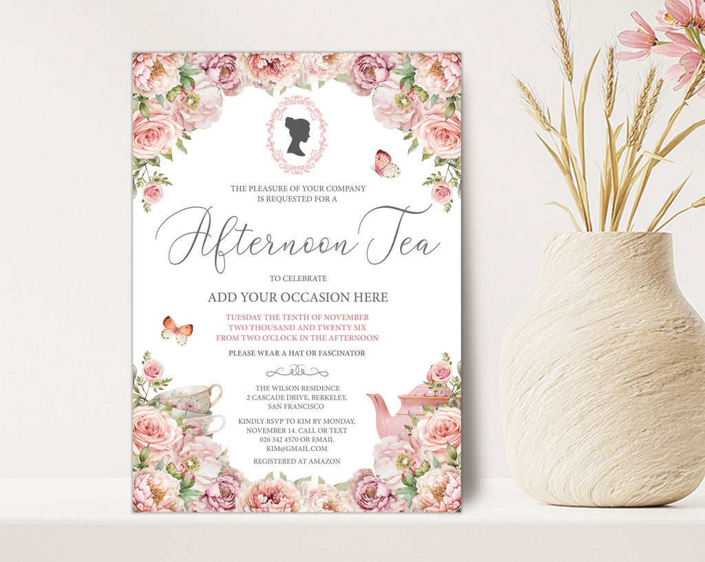 Victorian Style Tea Party invitation with pretty pink flowers, an old fashioned cameo, teapot and tea cups