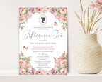 Victorian Style Tea Party invitation with pretty pink flowers, an old fashioned cameo, teapot and tea cups