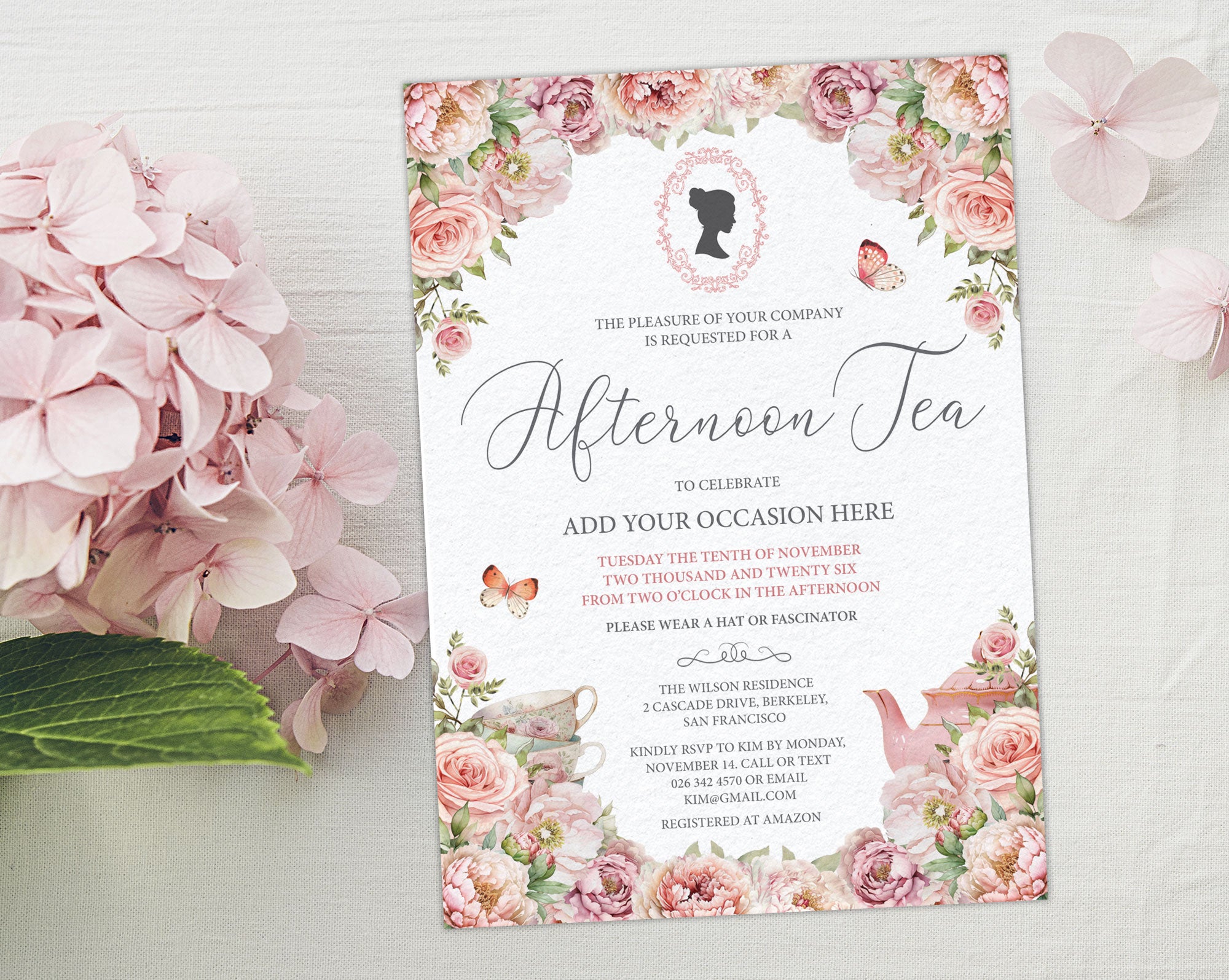 Pretty Elegant Blush Pink Flower Invitation for a tea party