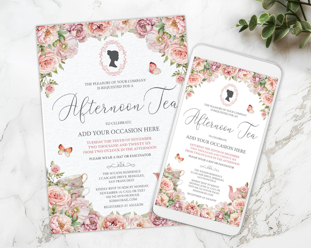 Floral invitation card with a smartphone displaying blush pink afternoon tea invite on a marble surface.
