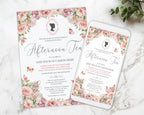 Floral invitation card with a smartphone displaying blush pink afternoon tea invite on a marble surface.