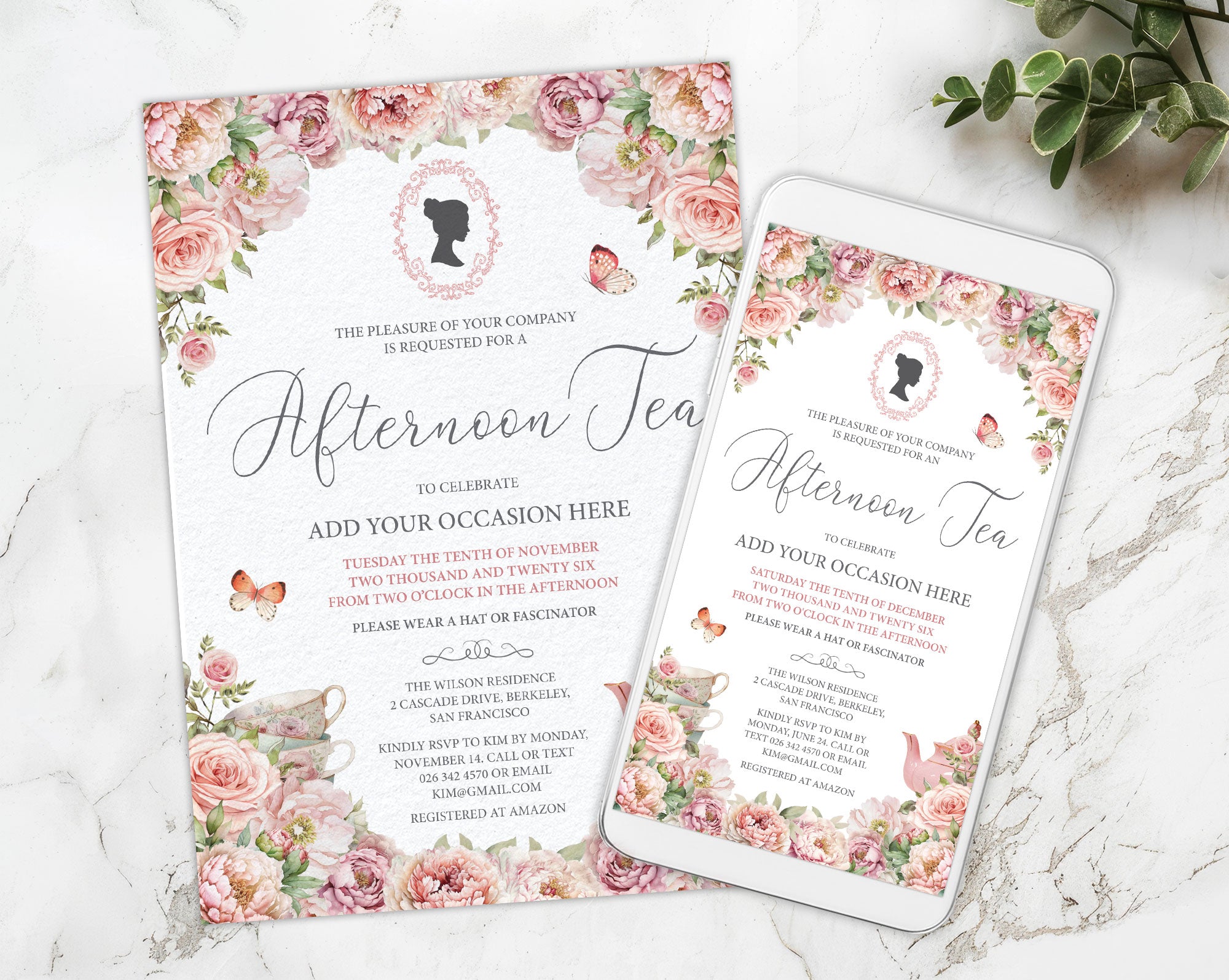 Floral invitation card with a smartphone displaying blush pink afternoon tea invite on a marble surface.