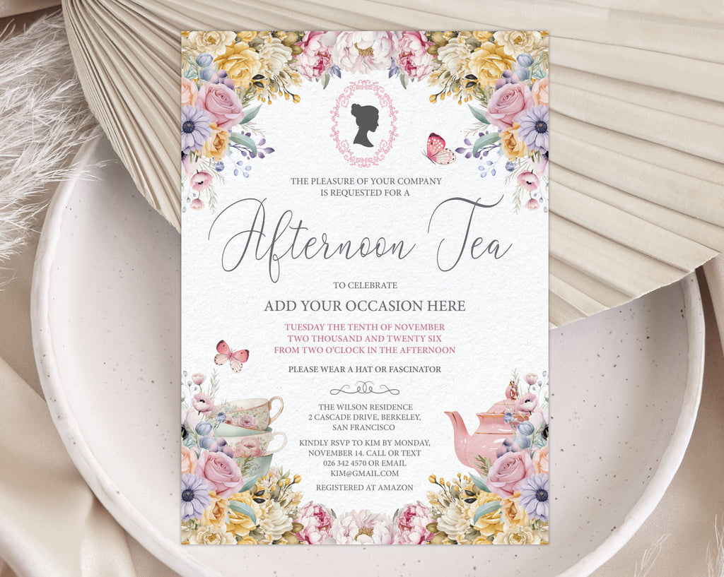 Regency Afternoon Tea Invitation, Pastel, Cameo, Teapot, Cups (5x7 Corjl Editable Digital Template)